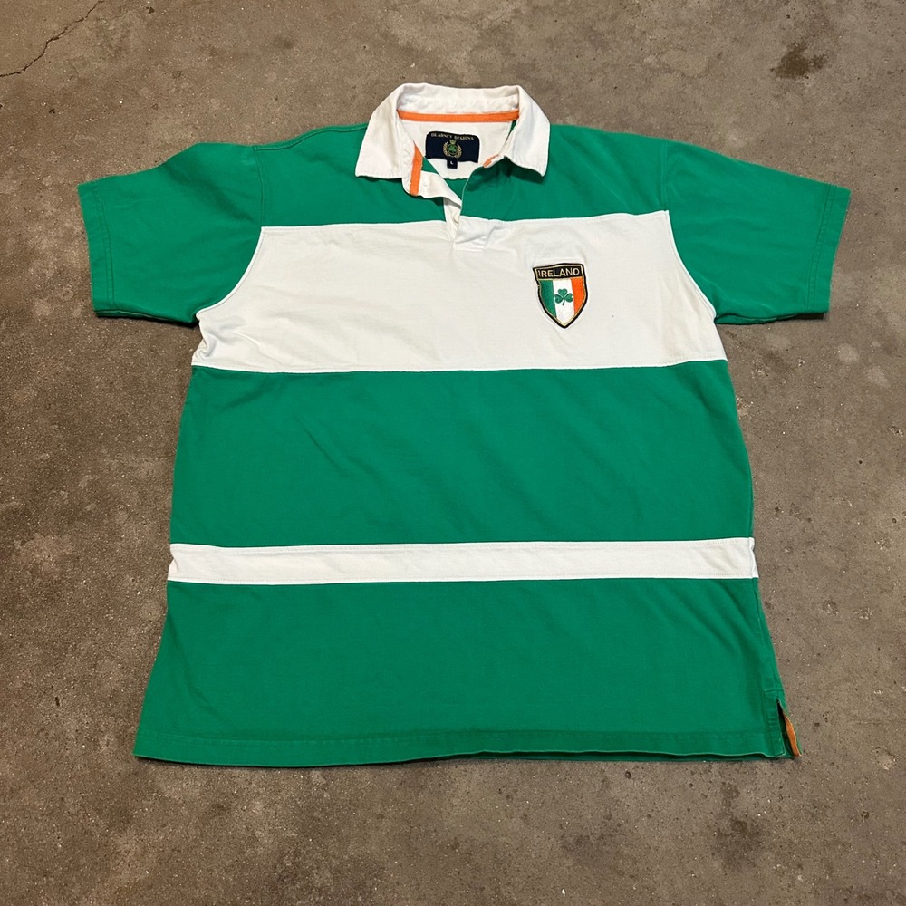 VTG Blarney Designs Rugby Shirt Mens L Green Ireland Crest‎ Striped Cotton Polo